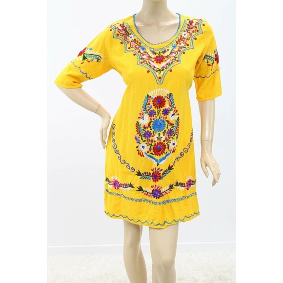 Heavily Embroidered Dress Womens M Tunic Florals Fiesta Dress With Tie Back - Picture 1 of 8